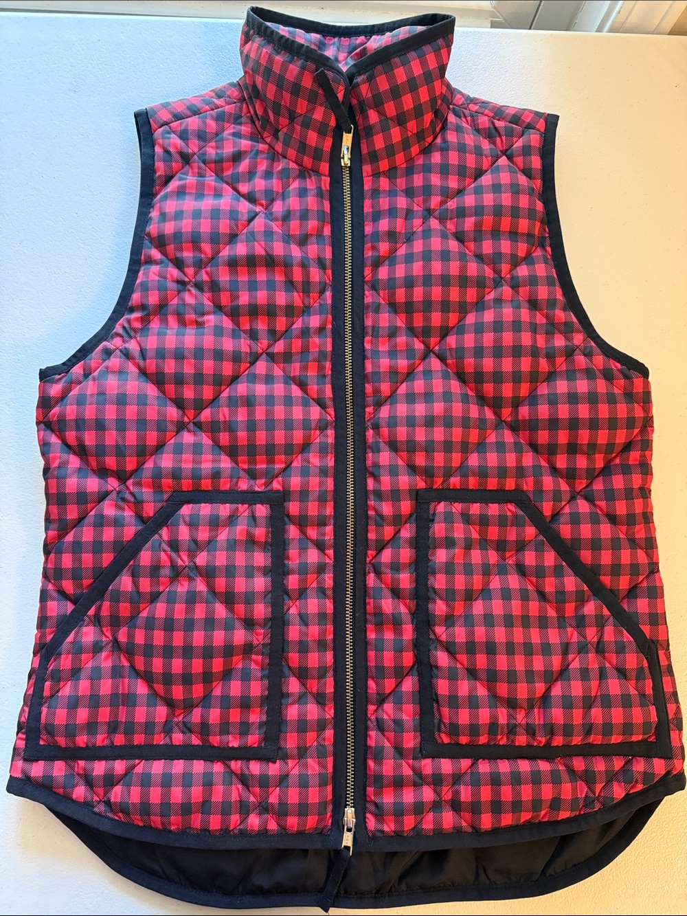 J. Crew Factory Red and Black Quilted Buffalo-Check Vest
